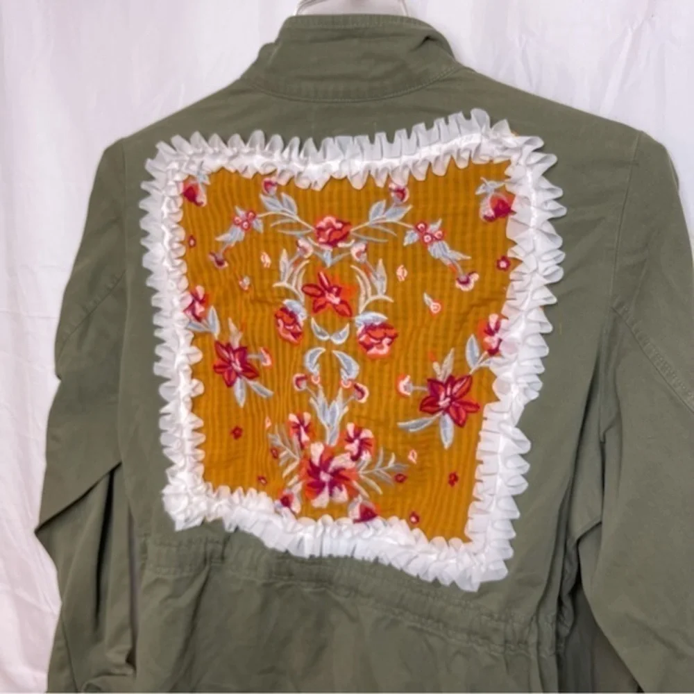 Ruff Hewn Upcycled Military style Jacket Embroidered Appliqué lace ruffle Size1X - Picture 9 of 14
